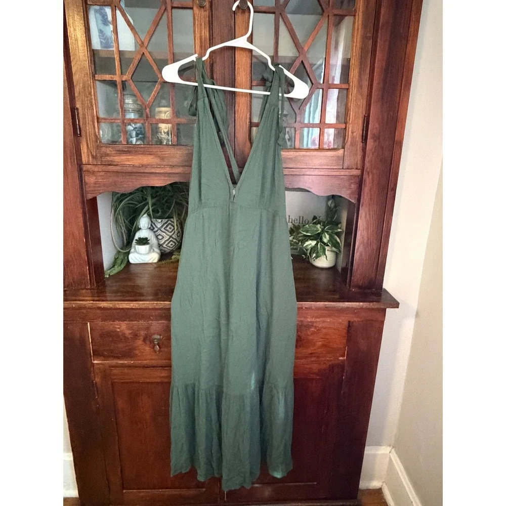 Abercrombie & Fitch Green Tie Shoulder Tiered Maxi Dress Large 100% Viscose